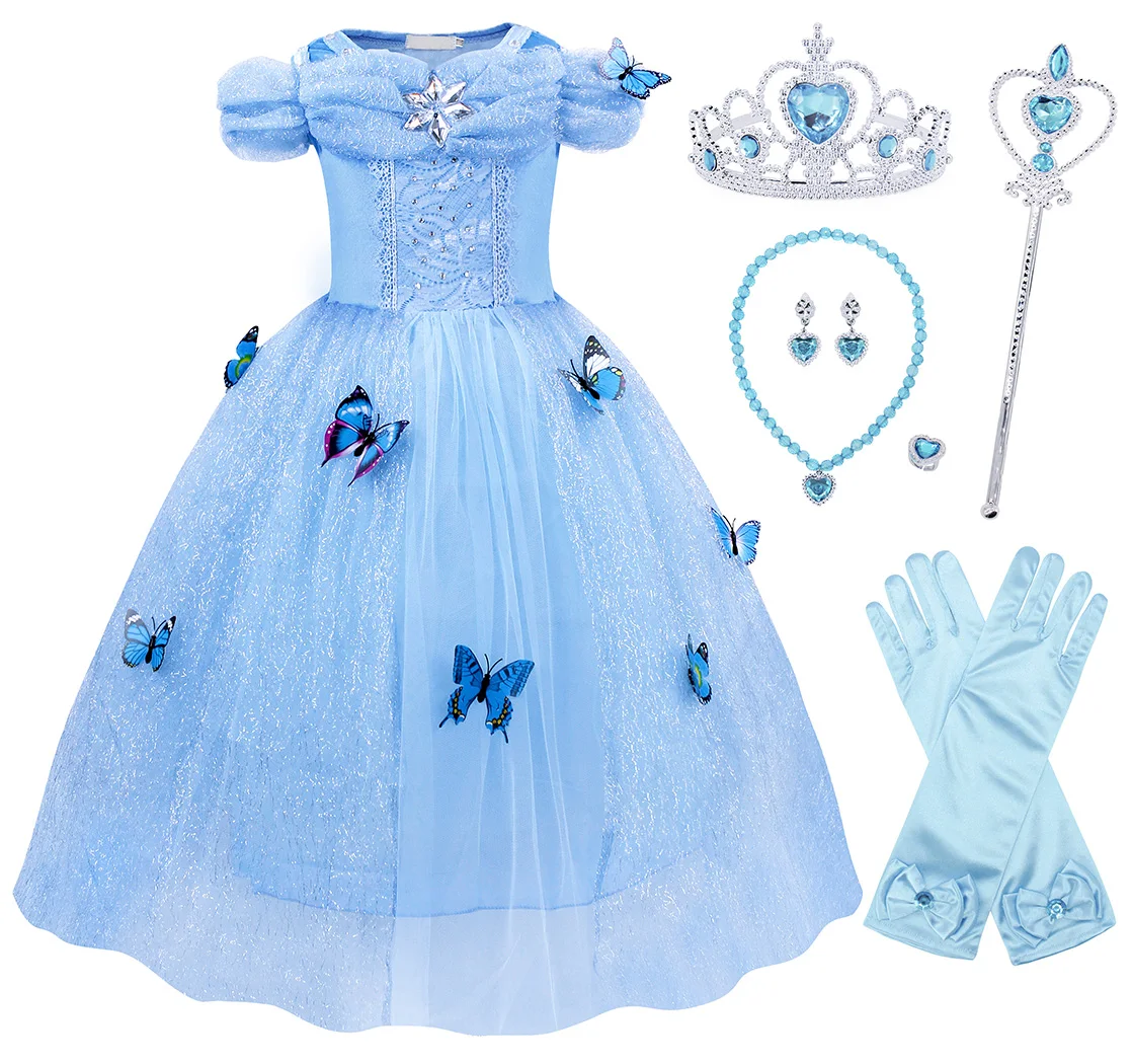 

Cinderella Costumes Kids Princess Dresses For Girls Cosplay Birthday Party Long Dress Butterfly Design With ACC, As show