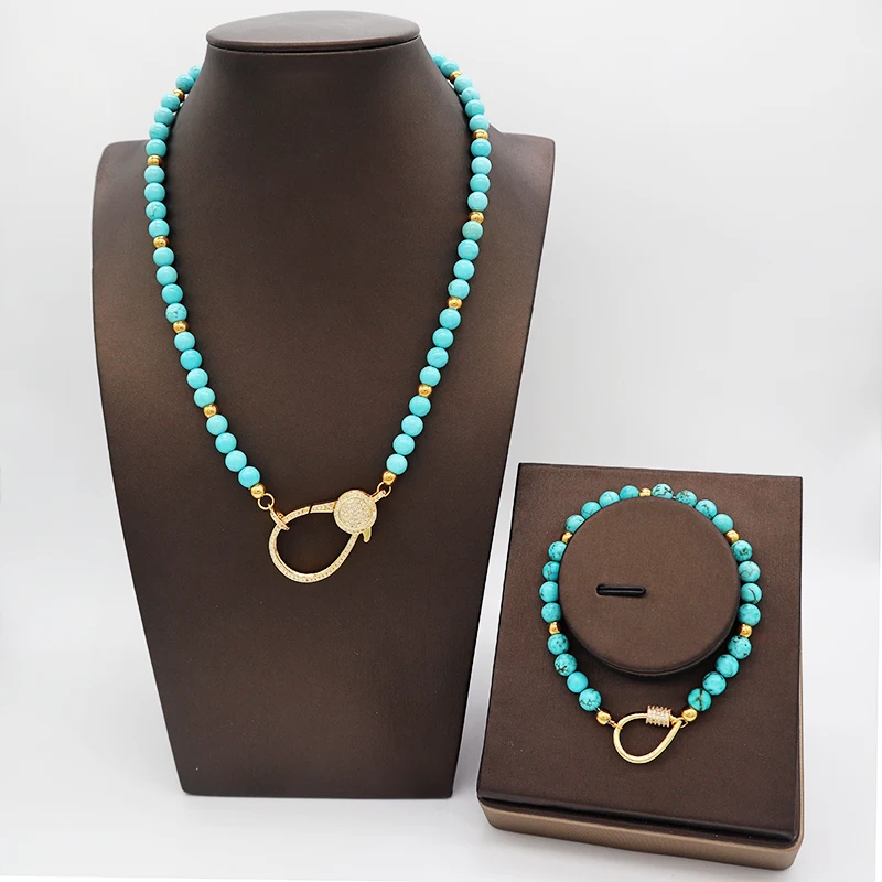 

New designed gold plated CZ natural stone turquoise bracelet and necklace jewelery set