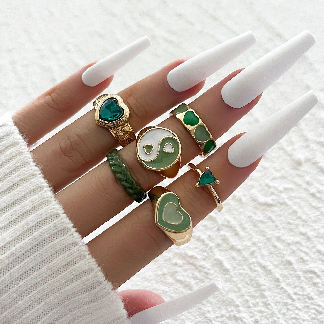 

Sindlan 6pcs/set Fashion Retro Yin Yang Gossip Drop Oil Love Green Diamond Ring Trendy Gold Plated Rings For Women, Gold color