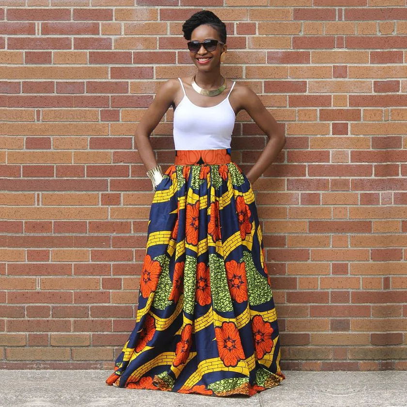 

Women's Long Pleated African Printed A line Floor-length Skirts, Available