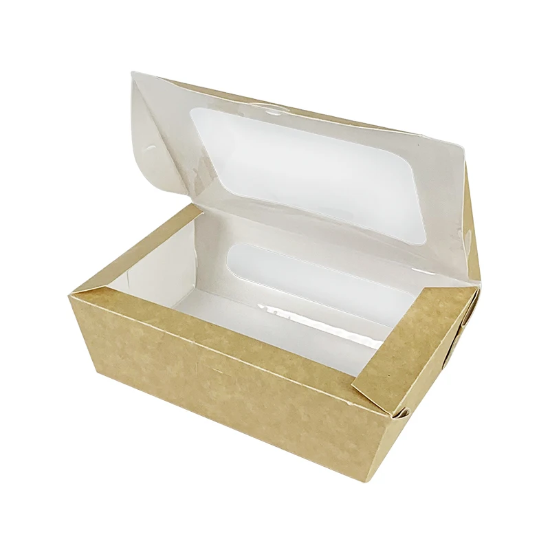 

Kraft Disposable Meal Box High-end With 2 Transparent Windows Display Salad Sushi Food Packaging Takeout Brown Kraft Box