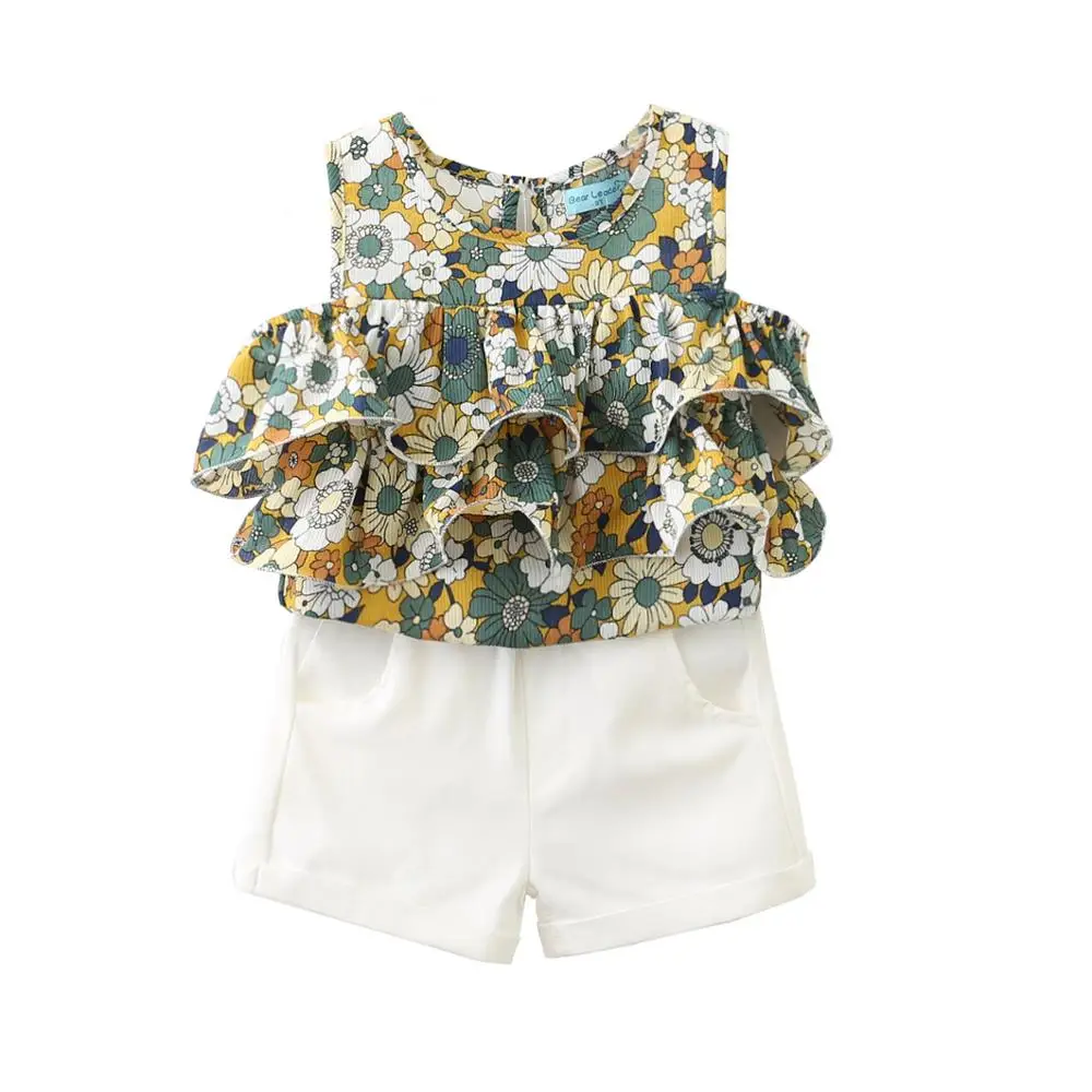 

Bear Leader Women's New Girls Children's Sleeveless Round Neck Floral Shirt + White Pants Set