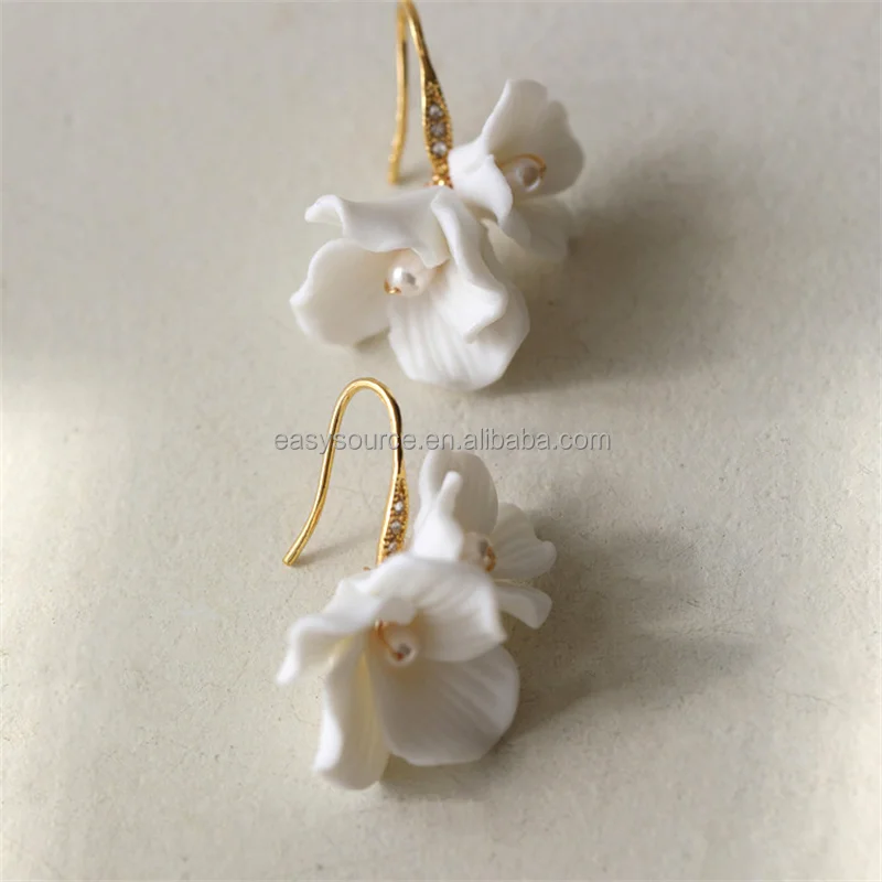 

RE4493-2 Clay Flower Earring Freshwater Pearls Earrings Women Wedding Party Jewelry
