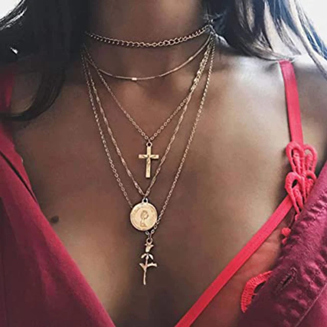 

layered necklace Gold Choker Coin Chain Rose Flower Pendant Multilayered long 18k necklace for Women and Girls, Silver/gold/rose gold