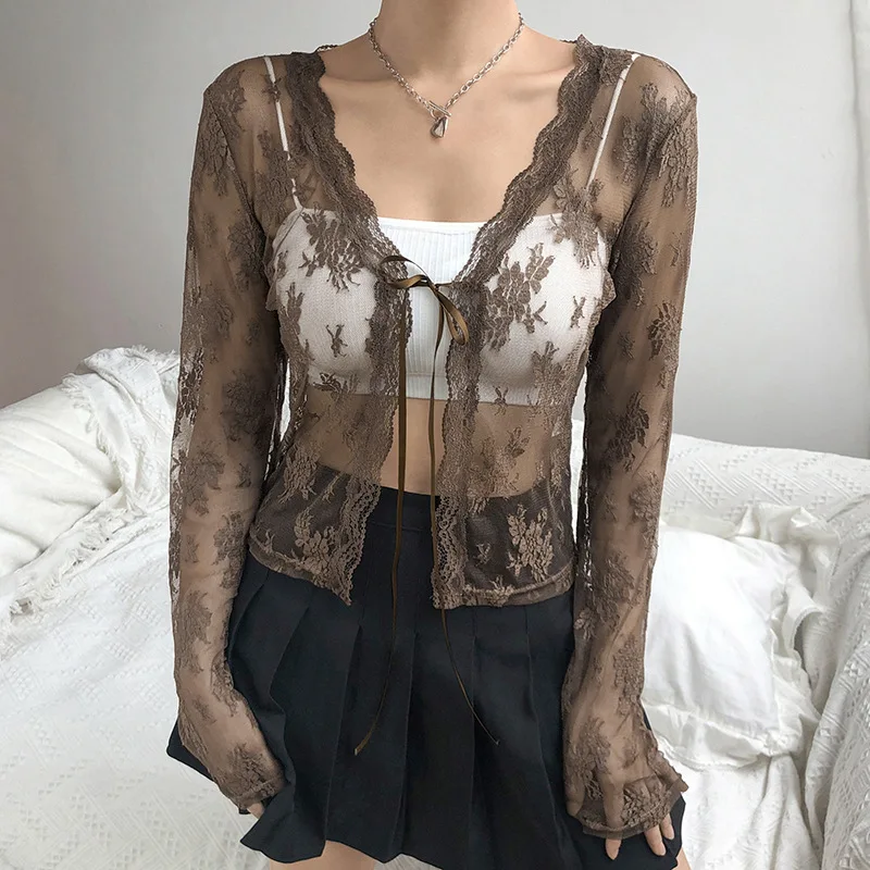 

Women Vintage Y2K Lace Crop Top Long Sleeve Sexy Mesh See Through Woman T-shirts 2022 V Neck Lace Up Floral Kawaii Clothes