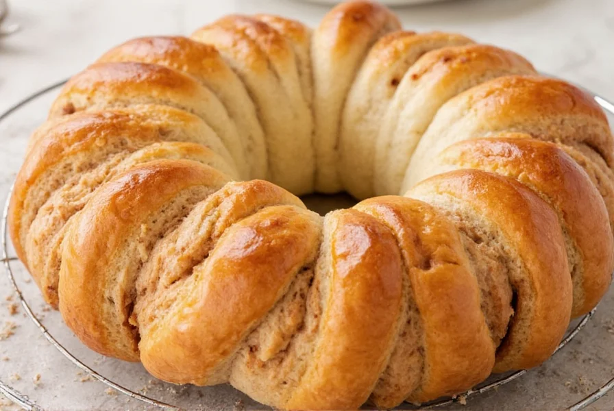 Finished cinnamon pull apart bread sliced to show perfect pull-apart texture with melted glaze drizzle