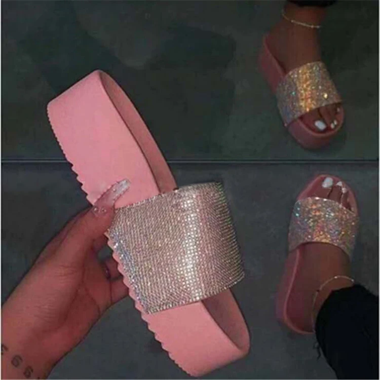 

Women slides sandals Summer Thick Womens Flat Bottomed Wedges Shoes Ladies rhinestone sandals for women and ladies, Green/black/light pink/ deep pink