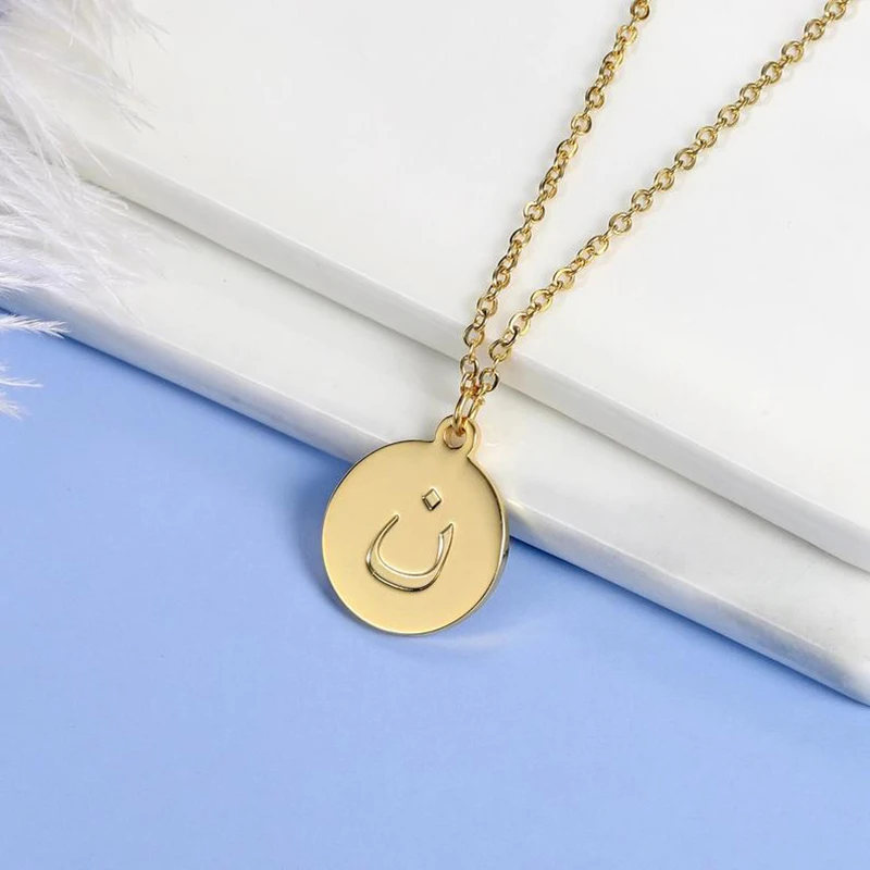 

Womens custom engraved gold initial necklace jewelry 18k gold plated personalized Arabic alphabet letter engraving coin necklace