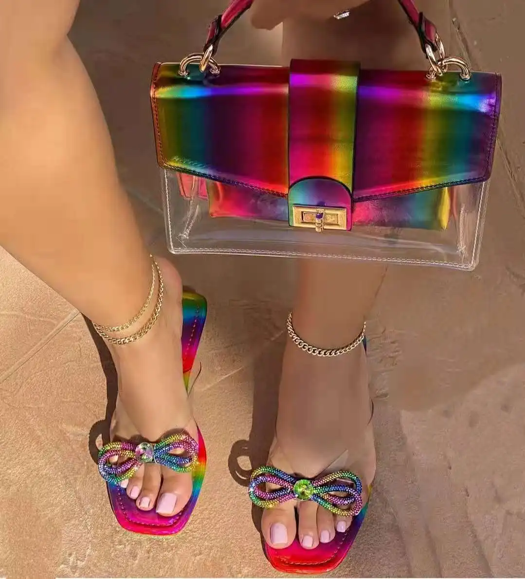 

Large size Slippers 2021 summer bow colorful flat sandals and slippers women