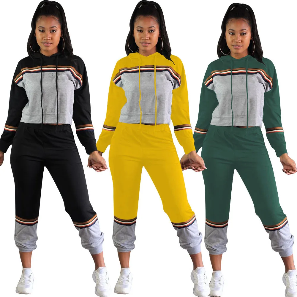 

Contrast Color Fitness 2 Piece Sets TrackSuits Women Hooded Full Sleeve Hoodie + High Waist Long Pants Plus Size Winter Outfits