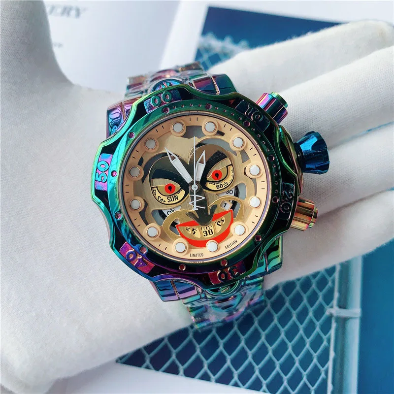 

Joker clown color electroplating gold silver large dial calendar three-dimensional steel belt foreign trade watch