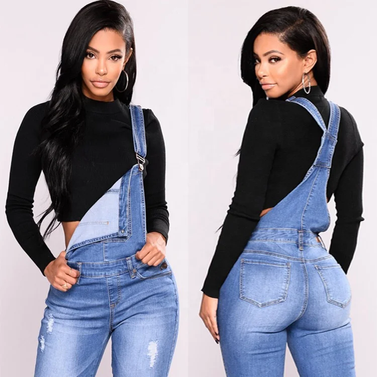 

New Fashion Washed Denim Overalls Skinny Ripped Jumpsuit Rompers Women Jeans with Straps