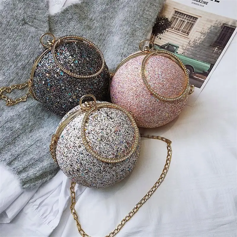 

New Trend Elegant Circular Ball Shaped Evening Bag Mini Crossbody Round Clutch Bag Handbag With Chain for Ladies