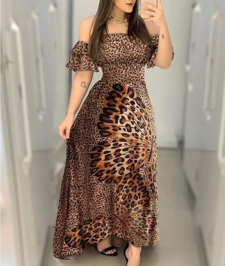 

2021 butterfly print dress leopard print one-shoulder corset and large-length lotus leaf sleeve long skirt