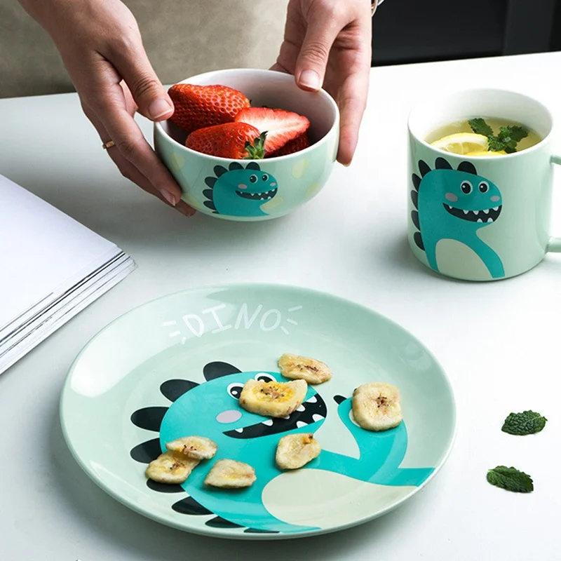 

Cartoon Cute Little Dinosaur Pattern Ceramic Tableware Children Baby Snack Bowls Cup Mug Dinnerware set, Green/blue