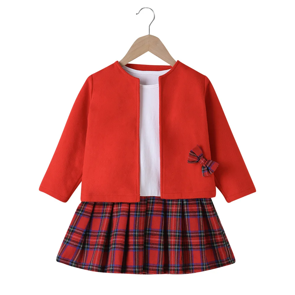 

New Design Winter Red Jacket Shirt Dress 3 Pcs Baby Girls Dress Christmas Dress For 2-5 Years Girls, Red and white