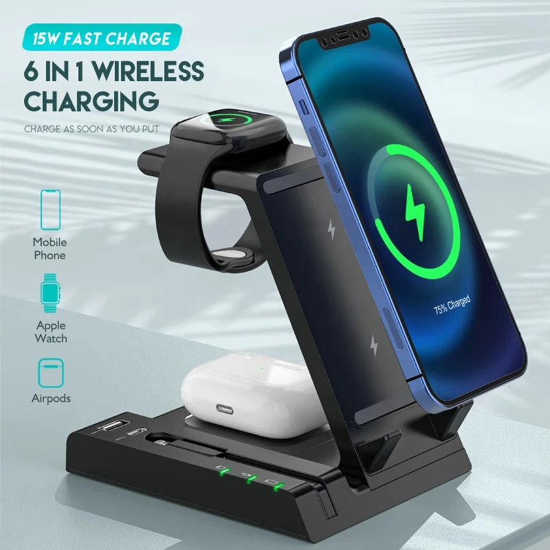

New Product 6 in 1 Wireless Phone Charger Qi 15W Fast Charging Station Wireless Charger for Apple Phone Watch Earphones