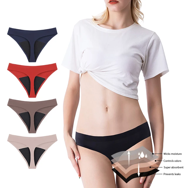 

Wholesale Seamless 4 Layer Period Underwear One Piece Menstrual Washable Leak Proof Period Panties Thong For Women, Black,blue, red, beige, burgundy