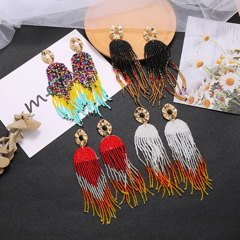 

2021 Sailing Jewelry Bohemian Ethnic Hand Woven Bead Tassel Earrings Fashion Exaggerated Geometric Long Tassel Earrings