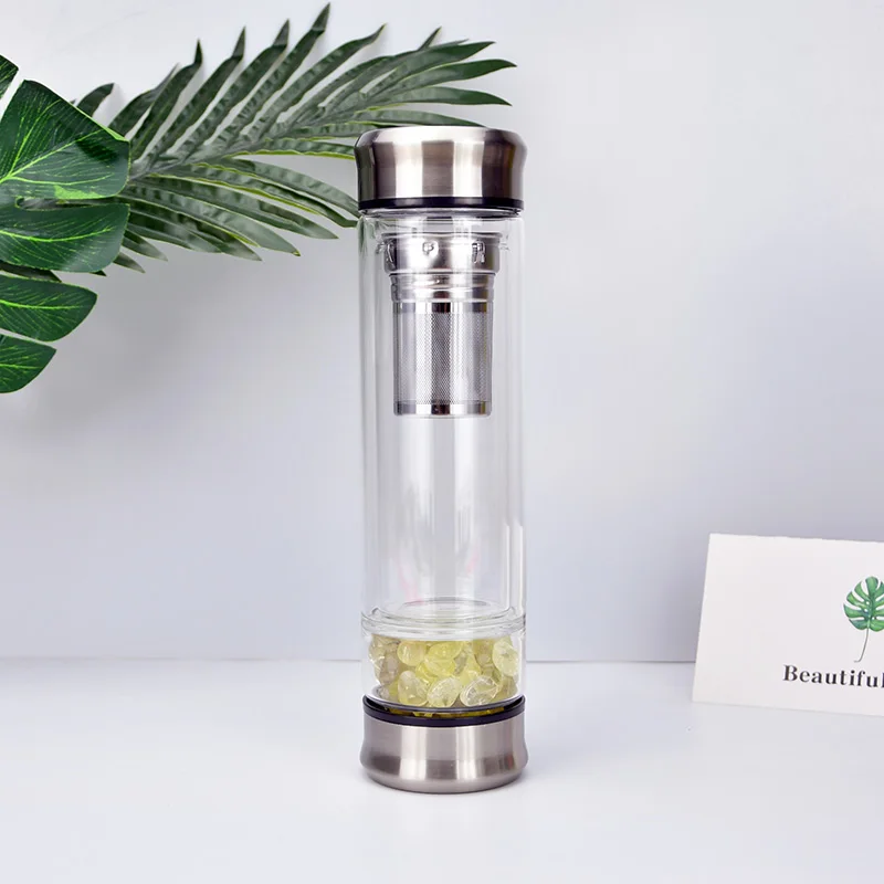 

Popular Double Wall Natural Crystal Infused Water Bottle with Custom Logo and Tea Infuser Filter, Different crystal stones