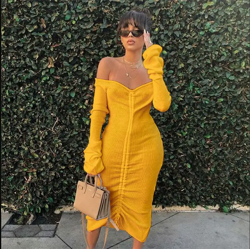 

Sexy Off Shoulder Drawstring Front Long Sleeve Rib Knit Stretchy Bodycon Dress