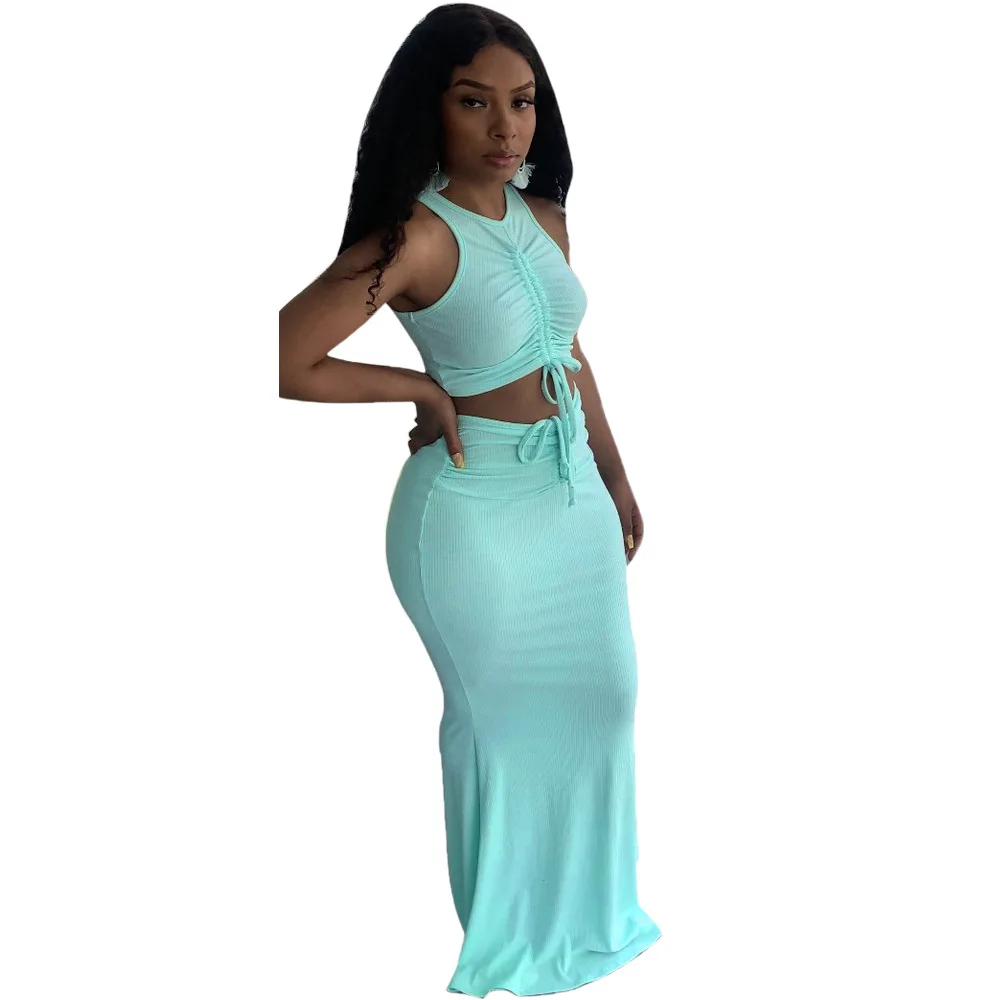 

Summer Street Solid Color Two Piece Set Drawstring Crop Tops High Waist Bodycon Dress Ribbed Knit 2 Piece Women Maxi Skirt Set, White, pink, orange, red, black, green, blue