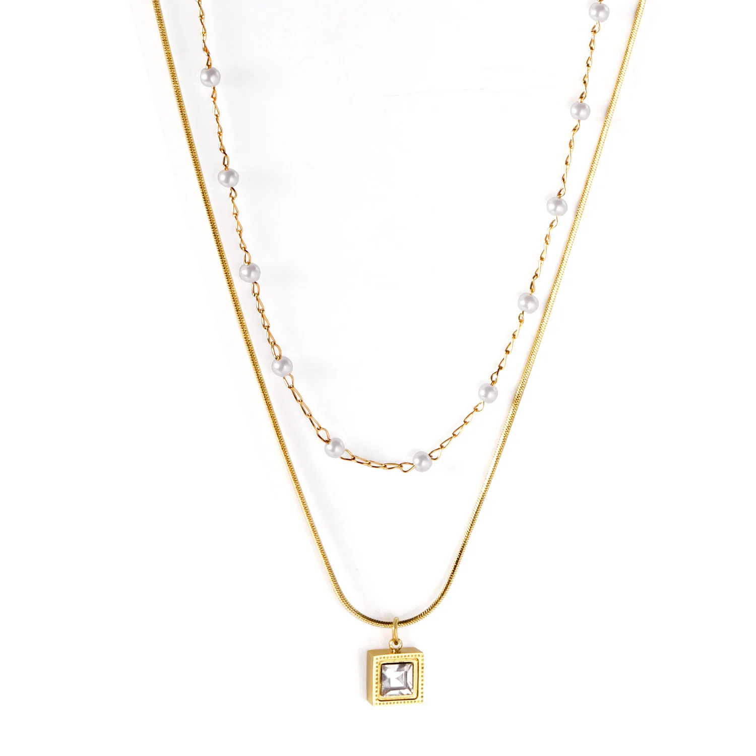 

Woman Jewelry 18k Gold Plated Stainless Steel Customized Pearl Necklace Double Chains for Gift