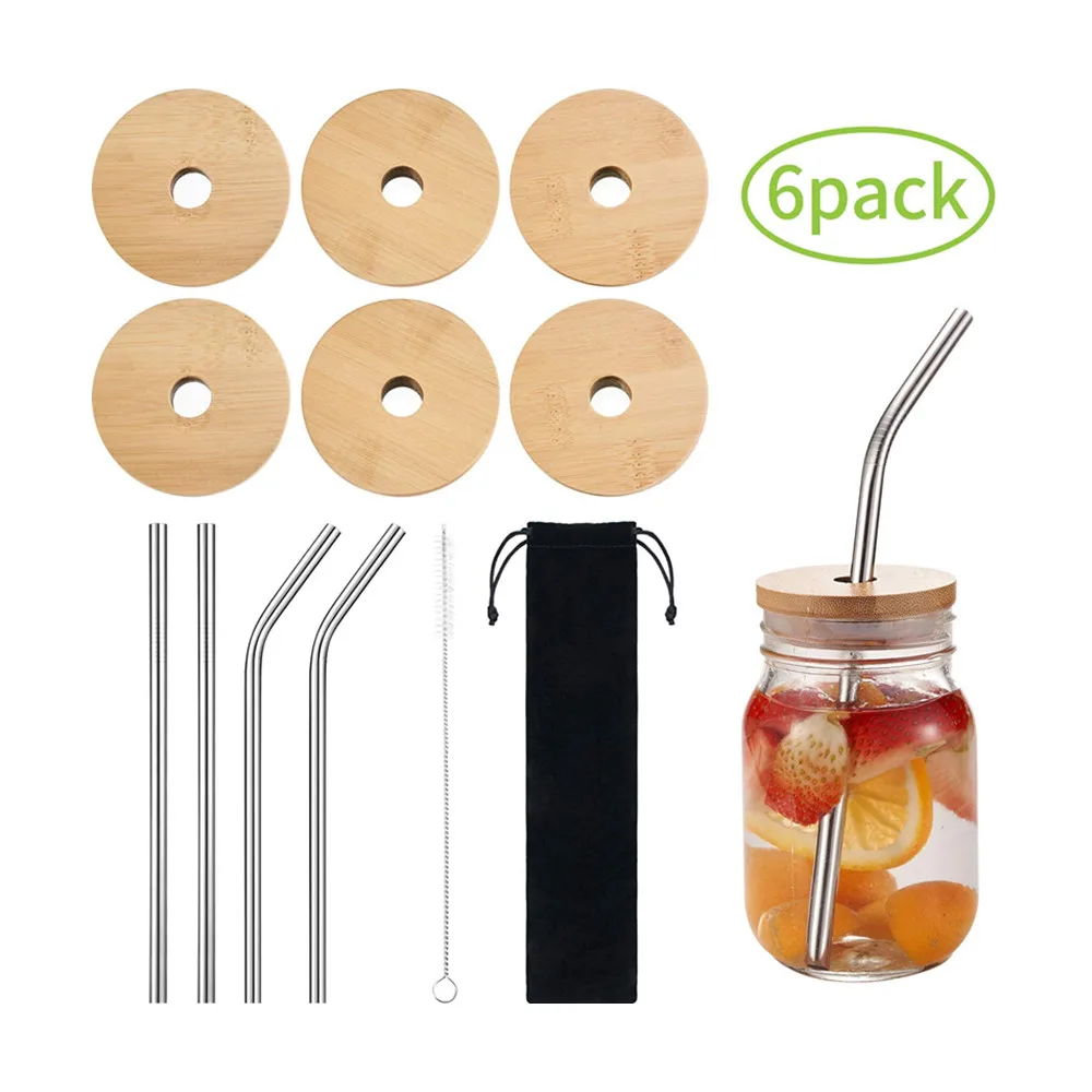 Mason Jar With Bamboo Lids And 4 Pieces Reusable Stainless Steel Straw