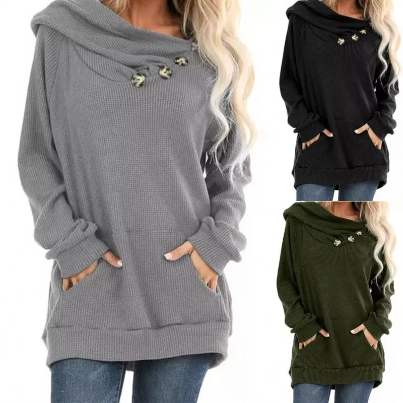 

2021 Autumn T shirts Winter warm Sweater button pleated waffle knitted hooded long sleeve top for women, 6 colors