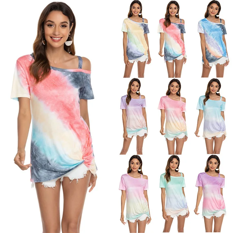 

L261 Tie Dye Custom Print Short Sleeve Top Sloping Shoulder Tshirts for Girls