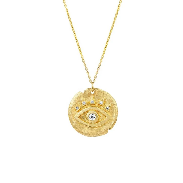 

Boho Fashion Jewelry 925 Silver Gold Price Per Gram Diamond Zirconia Retro Eye Coin Pendant Necklace, Gold and sliver