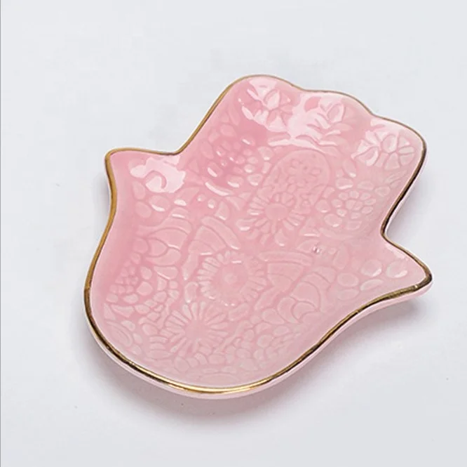 

Hot sale golden hand design ceramic ring trinket dish jewelry display tray, Customized color