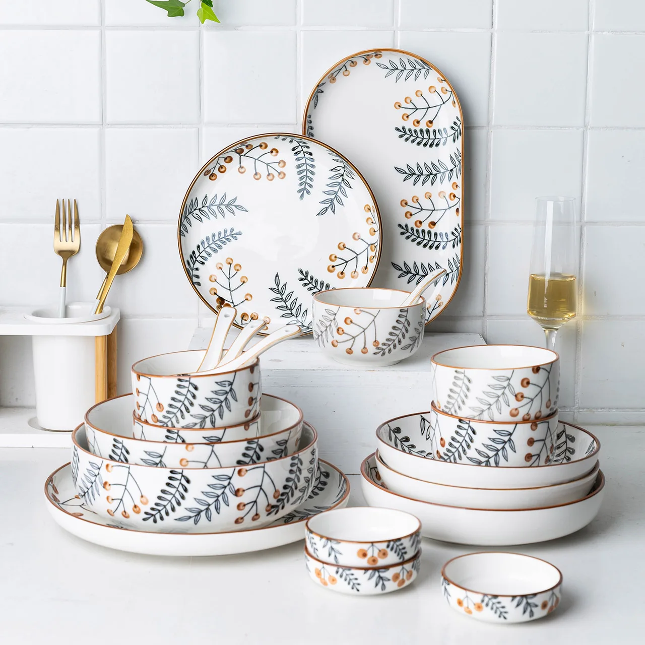 

MONAZONE Leaf pattern Japanese Hand Painted Creative Bowl Salad Plate Baking Dish Dinnerware Set