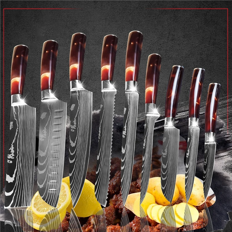 

wholesale cooking laser damascus 9 Pieces germany carbon stainless steel colourful kitchen chef knife sets