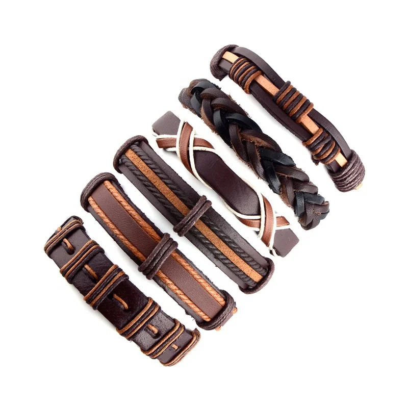 

SUZY Jewelry 6 Pcs Brown Leather Bracelets for Men Women Unisex Bracelets Adjustable Braided Multi Cool Wrap Wristbands Cuff Set, As photo, 6 styles per set