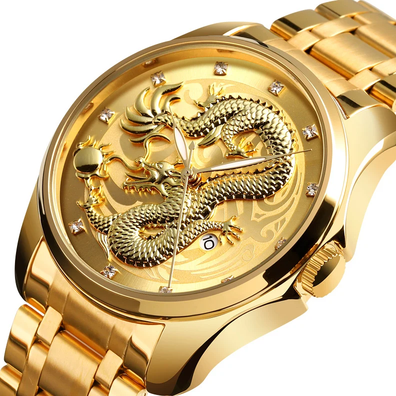

SKMEI 9193 High quality Japan movt stainless steel gold dragon watch wrist quartz Men watch