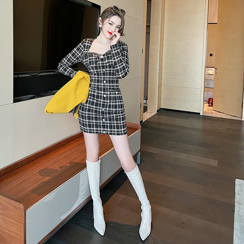 

ZYHT 20003 Spring Fall New Design Vintage Square Collar Women Clothes Plaid Waist Bodycon Female Evening Dresses