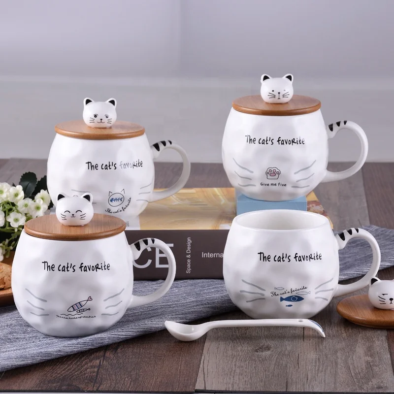

YIDING Hot Cute Cat 3D Ceramic Mugs Creative Milk Coffee Tea Cup Unique Porcelain Mugs with Lid and Spoon, As is or customized