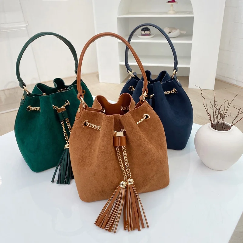 

Fashion Women Tassel Soft Pu Leather Bucket Bag Chain Shoulder Bags Ladies Women