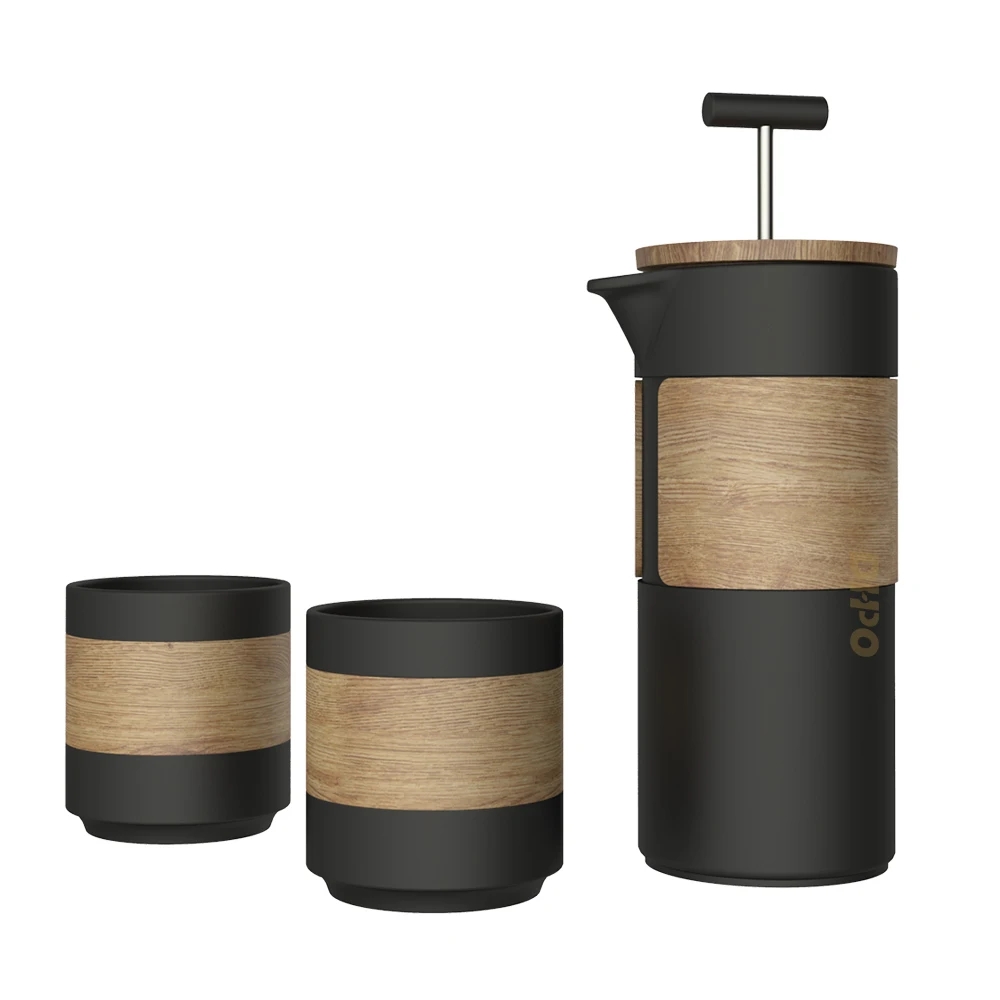 

DHPO Travel coffee press pot set french press pot with ceramic with coffee jars With anti-scalding wooden handle and 2pcs cups, Black, white, gray,marble