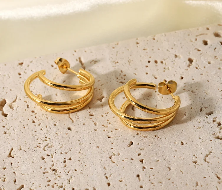 

Hot selling Three Triple C Shape 316L Stainless Steel Statement Circle Hoop Earrings For Women, Gold
