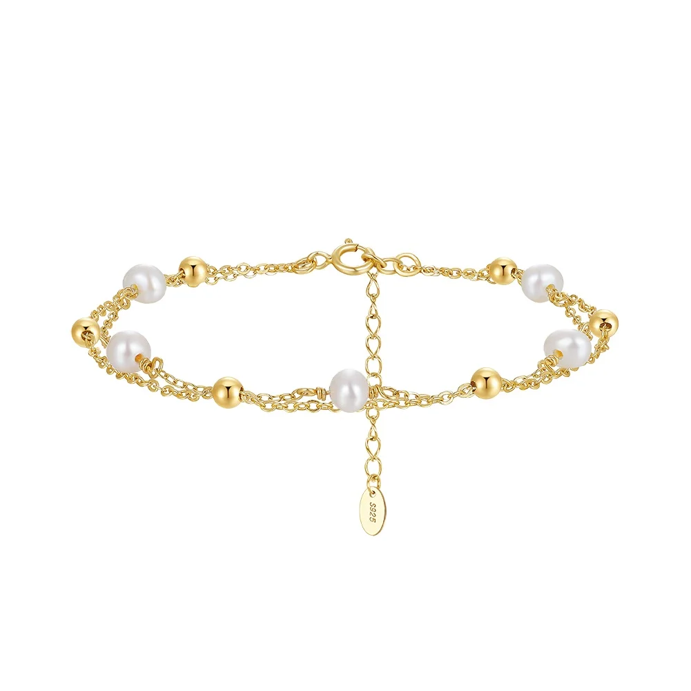 Wholesale 925 Sterling Silver Double Chain Natural Freshwater Pearl Gold Plated Ball Bead Bracelet Jewelry for Women