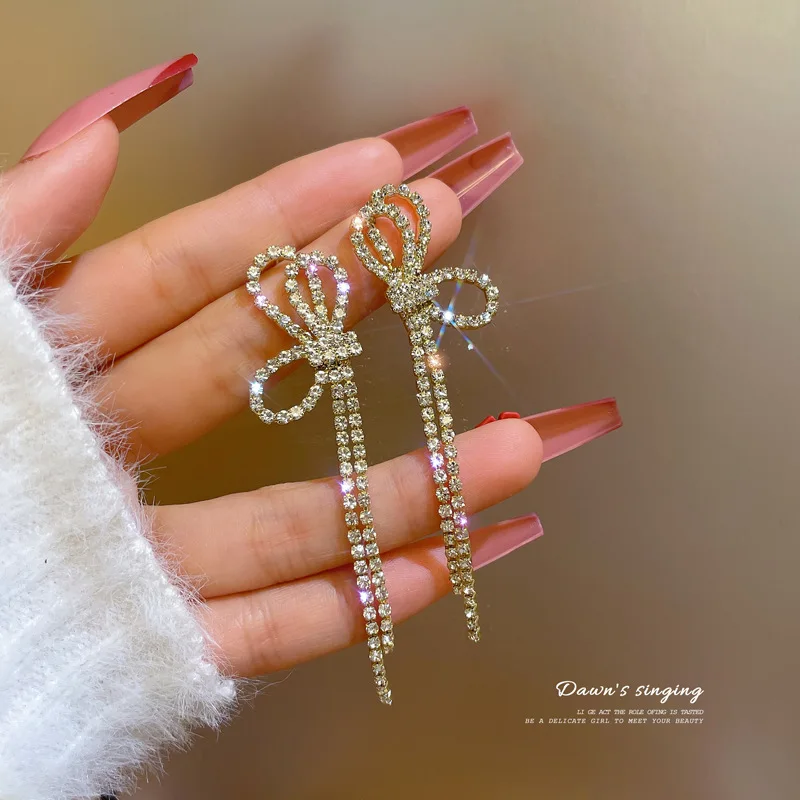 

S925 New Long Tassel Gold Crystal Pendant Earrings Women's Earrings Korea Retro Fashion Jewelry Gift, Gold/sliver