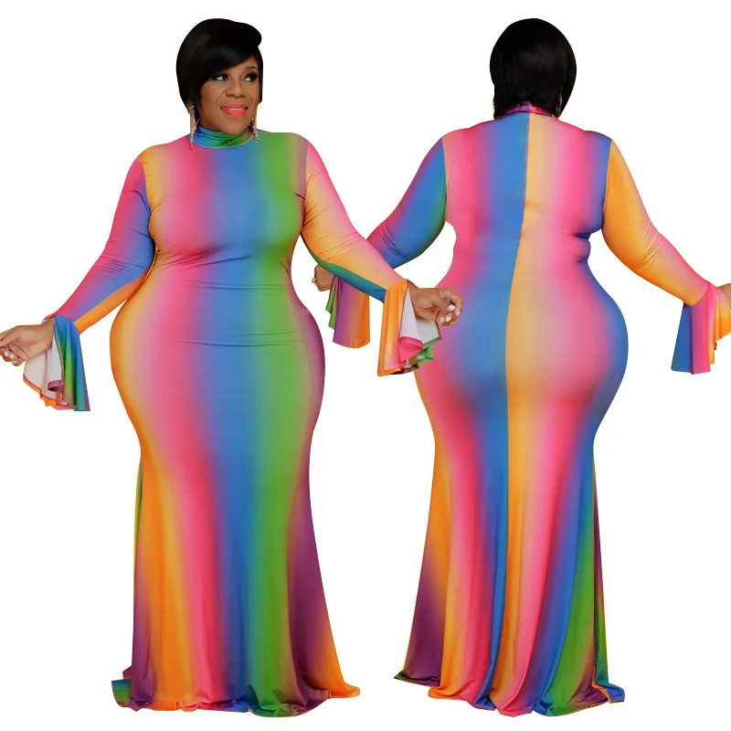 

2021 Hot Sale Rainbow Striped high neck dress Flared sleeve Elegant Party And Club Robe Maxi Dress Plus Size Dresses