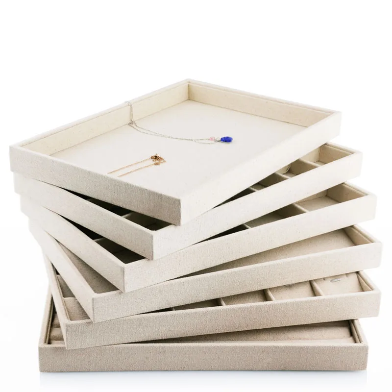 

Newest Wooden Jewelry Packing Tray with Linen for Jewellery Shop Counter and Window Beige Linen Ring Necklace Trays