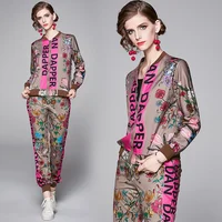 

In stock occidental fashion winter new arrival retro floral print jacket with casual pencil pants two piece set women clothing