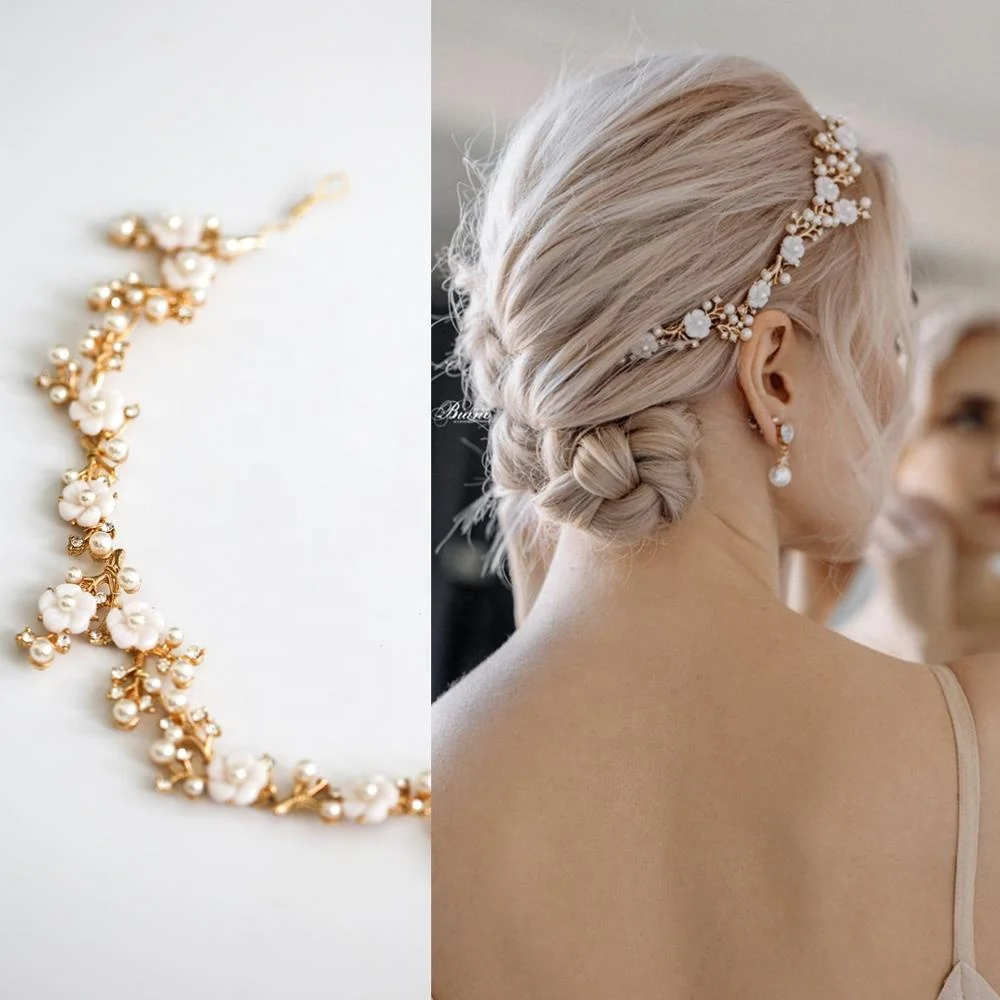 

Handmade white small flower and shiny gold plating bridal wedding long headband hair decoration vine, Gold, silver, rose gold
