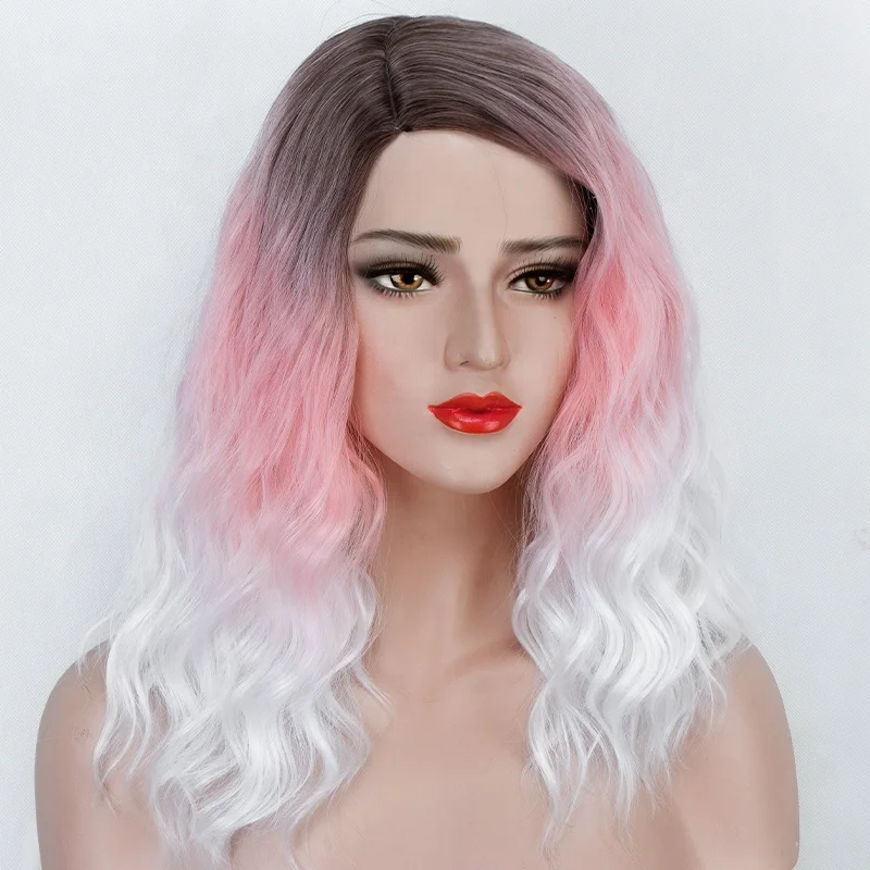 

Aliblisswig Wholesale 14" Wavy Bob Synthetic Wig Ombre Pink To White Heat Resistant Fiber Glueless None Lace Synthetic Hair Wigs, Dark root ombre pink to white synthetic wigs