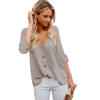 

Top Selling Ladies Clothing Button Detail Roll up Sleeve Blouse Blusas Femininas