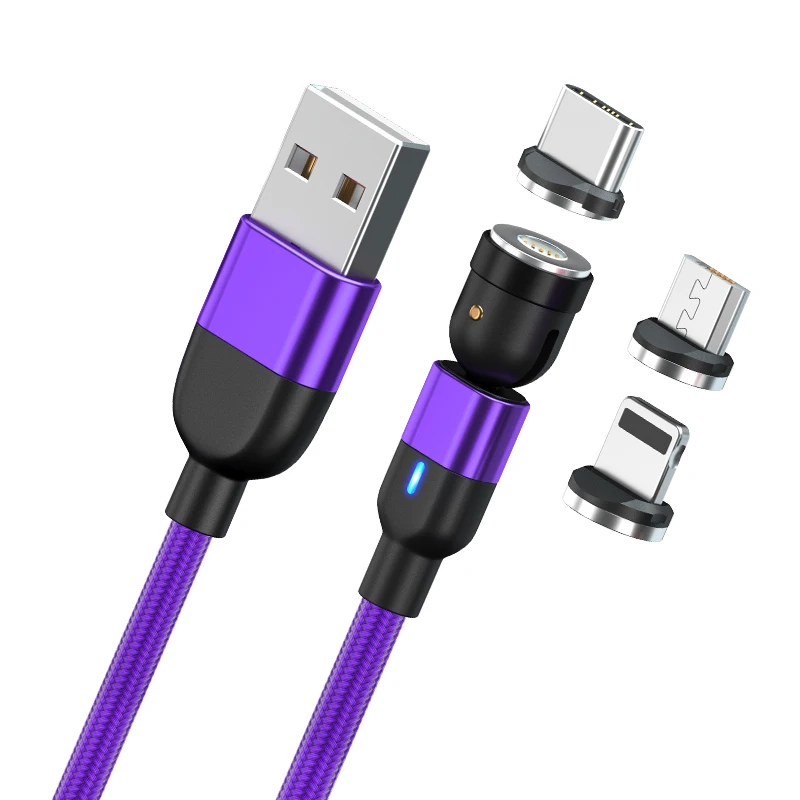 

2021 Best Selling 540 degree Rotate Magnetic Cable 3A Quick Charging Magnetic USB Data Cable Free Sample Logo Printing, Black red purple